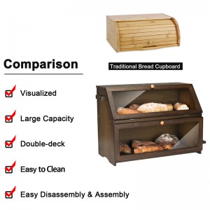 2 Layer Bamboo Bread Box Bread Holder for Kitchen Countertop Bread Keeper Food Storage Bin