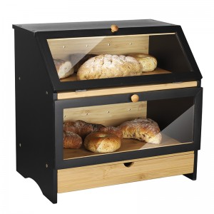 Double Layer Bread Box with Drawer for Bread Storage Bamboo Bread Bin for Kitchen Counter Black